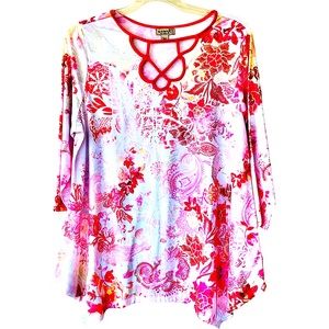 One World Orange/Pink Handkerchief 3/4 Sleeve Blouse (XLg)
